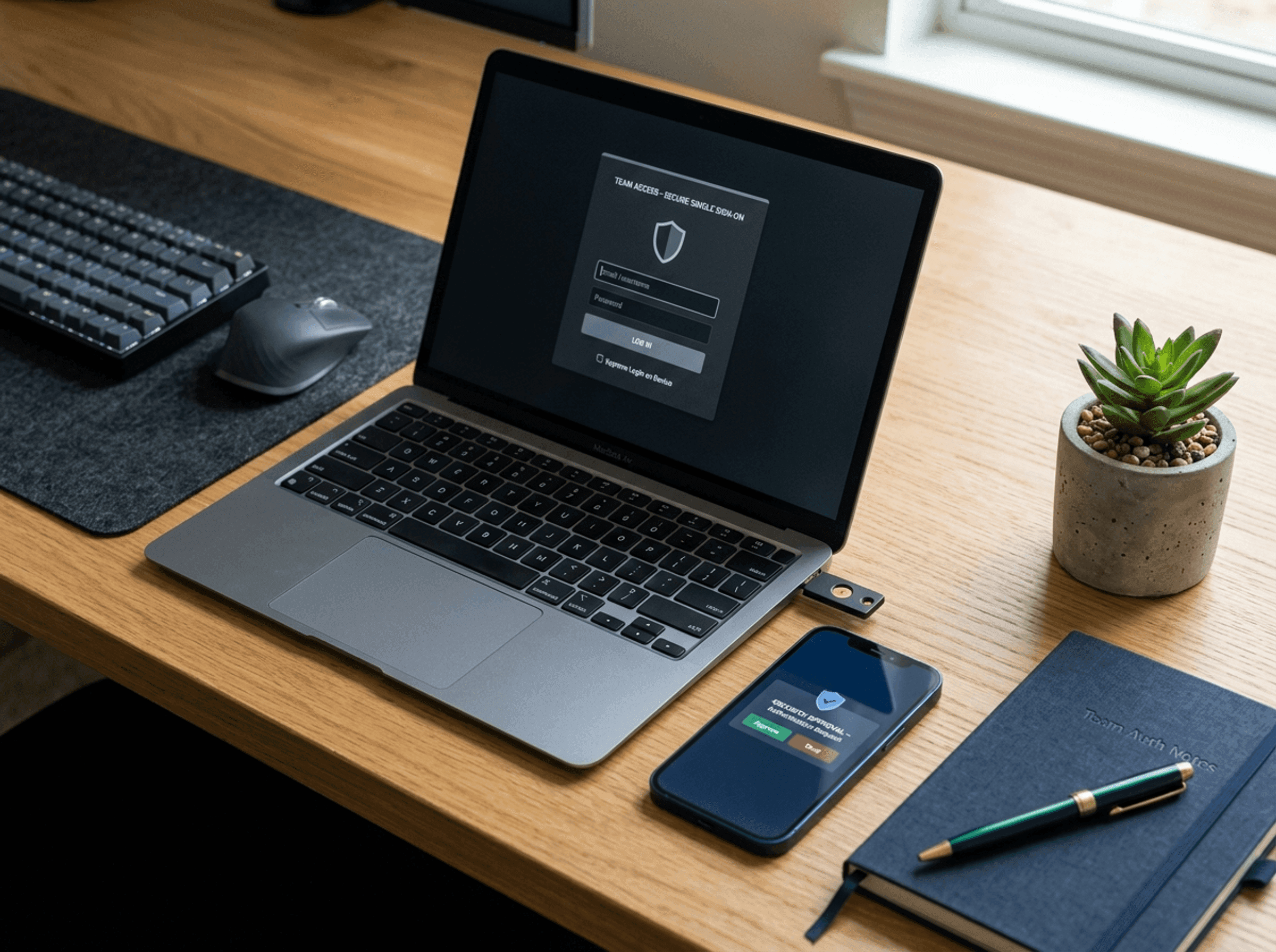 Secure single sign-on workspace with laptop, hardware security key, and phone 2FA